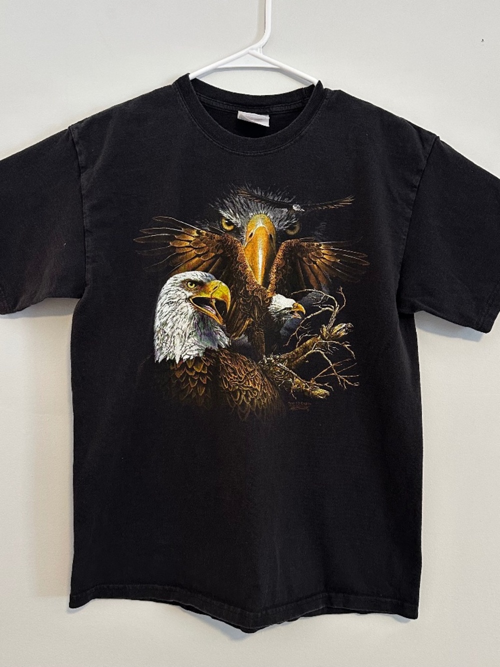 Bald Eagle American Animal Graphic Print T-Shirt Medium Black Y2K Short Sleeve